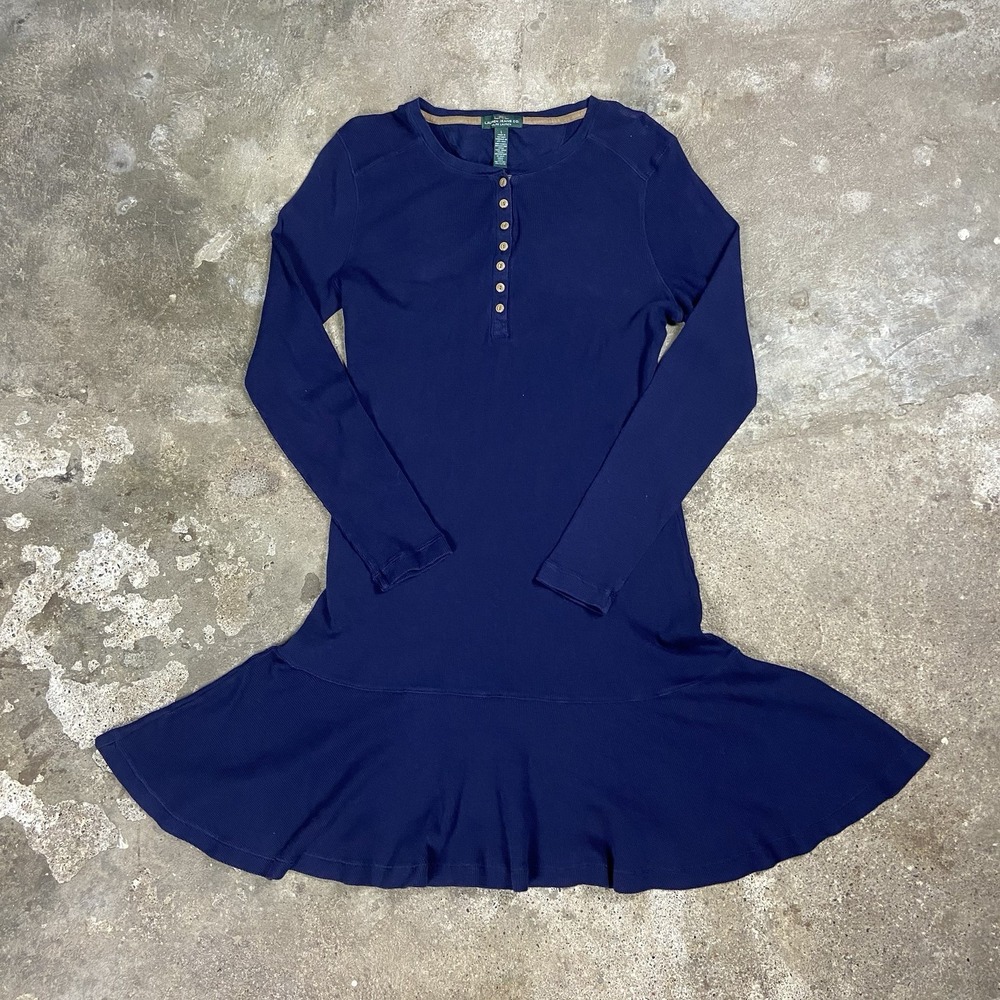 Vintage 90s Lauren Ralph Lauren Long Sleeve Henley Dress Size‎ Large Navy Blue